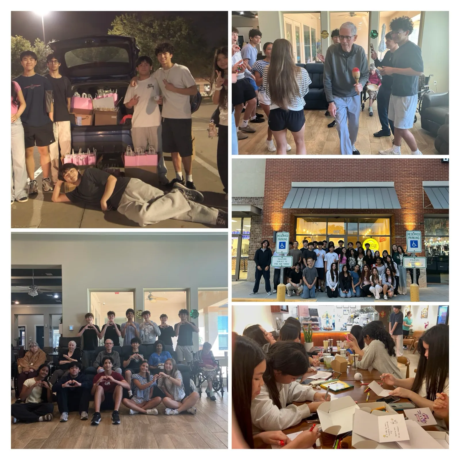 Collage of Hearts for Elders volunteers preparing care packages, visiting seniors, and making cards